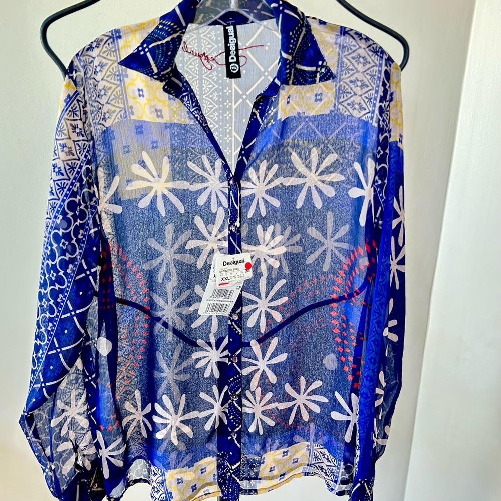 NWT DESIGUAL Bold Print LS Sheer Blouse XXL